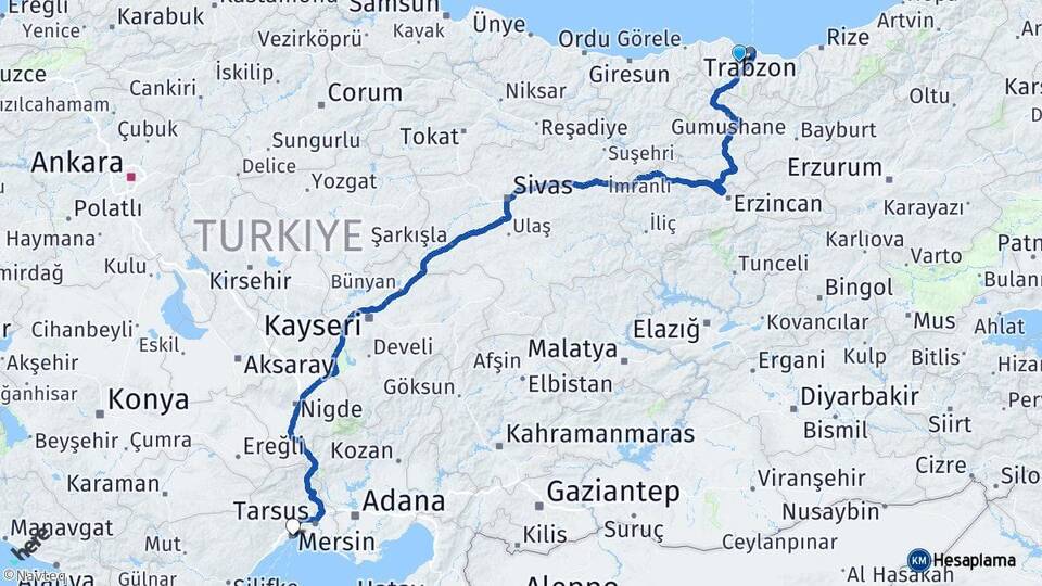 Trabzon Ortahisar Mersin Arası Kaç Km - Yol Haritası