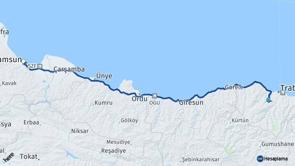 Trabzon Ortahisar Samsun Arası Kaç Km - Yol Haritası