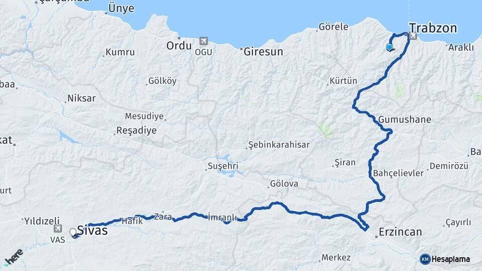Trabzon Ortahisar Sivas Arası Kaç Km - Yol Haritası