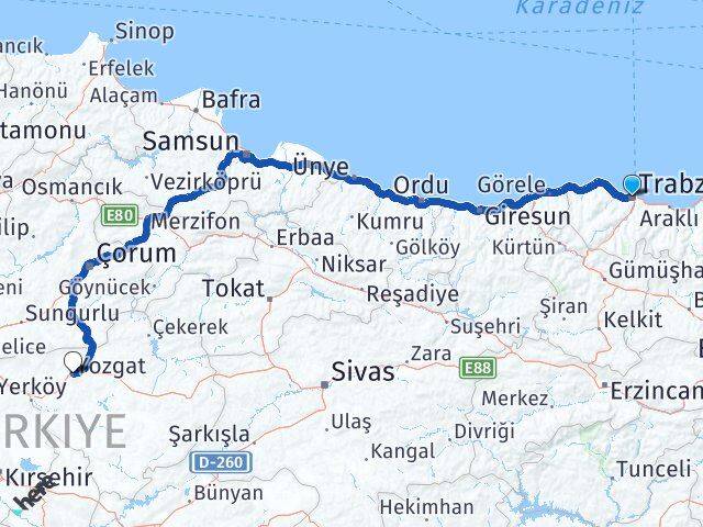 Trabzon Ortahisar Yozgat Arası Kaç Km - Yol Haritası