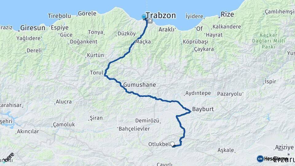 Trabzon Otlukbeli Erzincan Arası Kaç Km - Yol Haritası