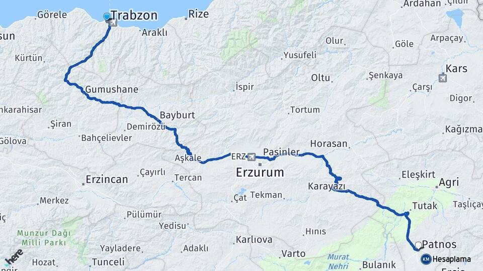 Trabzon Patnos Ağrı Arası Kaç Km - Yol Haritası