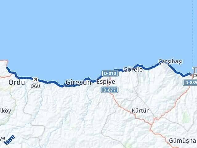Trabzon Perşembe Ordu Arası Kaç Km - Yol Haritası