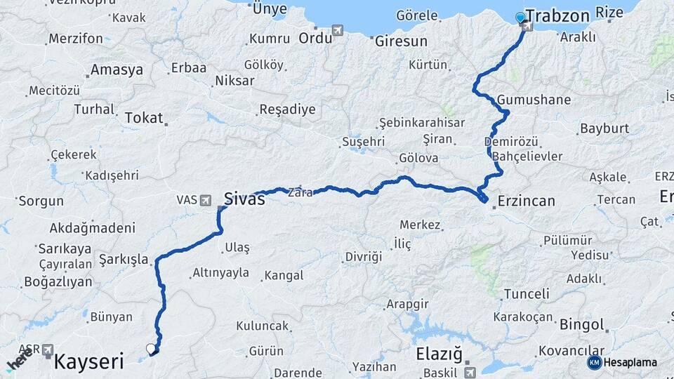 Trabzon Pınarbaşı Kayseri Arası Kaç Km - Yol Haritası