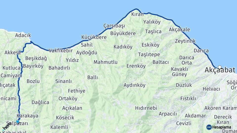 Trabzon Şalpazarı Akçaabat Arası Kaç Km - Yol Haritası