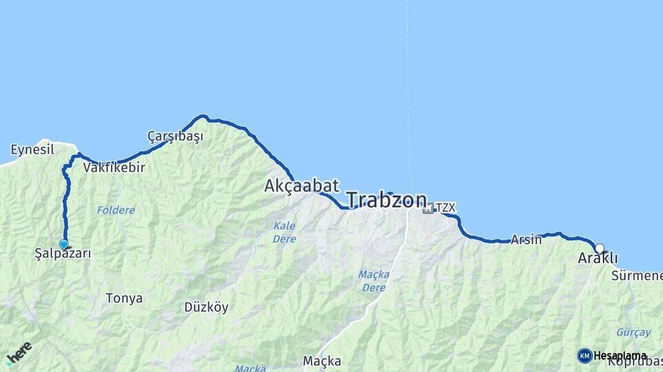 Trabzon Şalpazarı Araklı Arası Kaç Km - Yol Haritası
