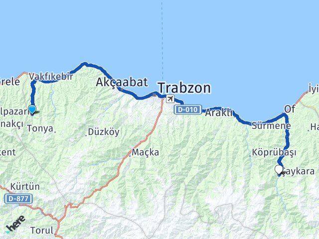 Trabzon Şalpazarı Çaykara Arası Kaç Km - Yol Haritası