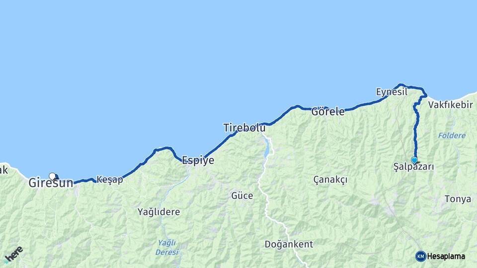 Trabzon Şalpazarı Giresun Arası Kaç Km - Yol Haritası