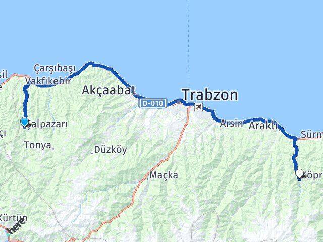 Trabzon Şalpazarı Köprübaşı Arası Kaç Km - Yol Haritası