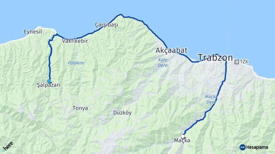 Trabzon Şalpazarı Maçka Arası Kaç Km - Yol Haritası