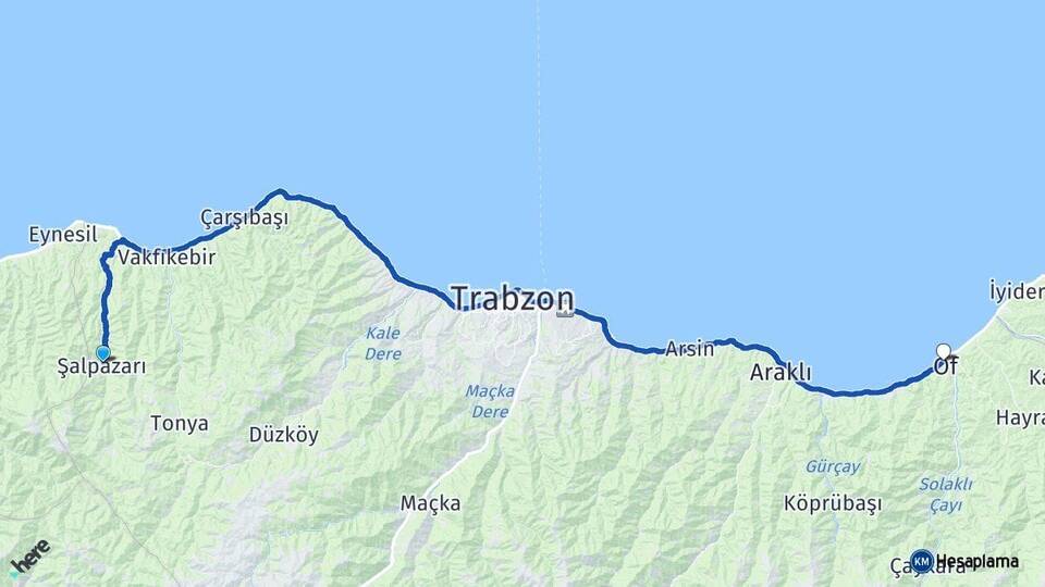 Trabzon Şalpazarı Of Arası Kaç Km - Yol Haritası