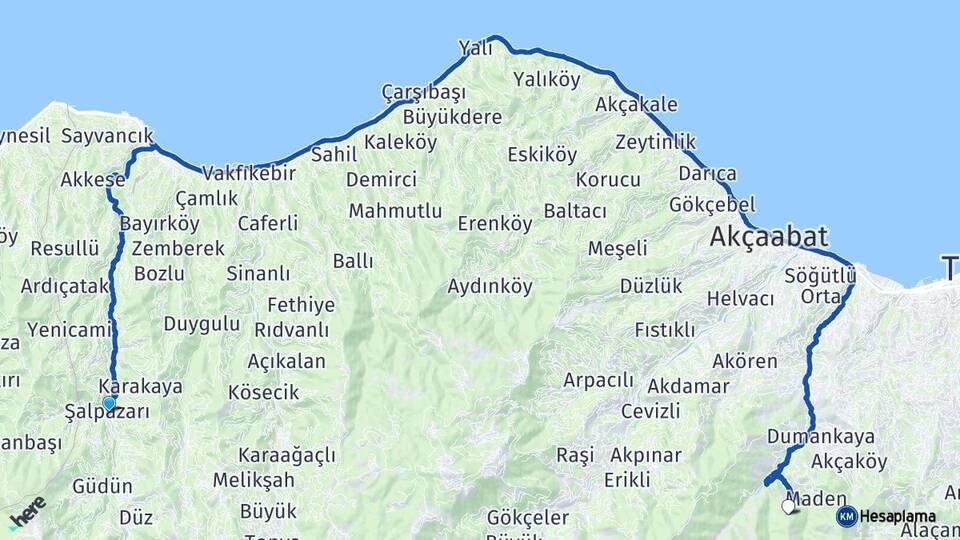 Trabzon Şalpazarı Ortahisar Arası Kaç Km - Yol Haritası