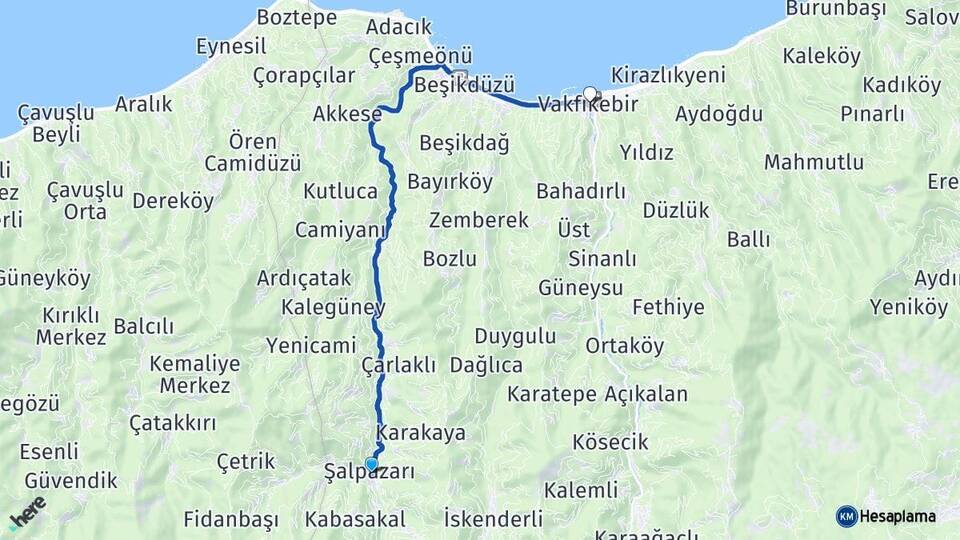Trabzon Şalpazarı Vakfıkebir Arası Kaç Km - Yol Haritası