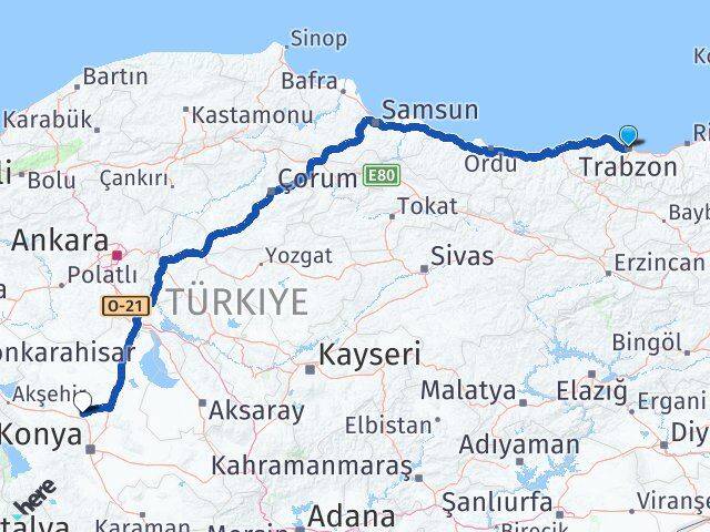 Trabzon Sarayönü Konya Arası Kaç Km - Yol Haritası