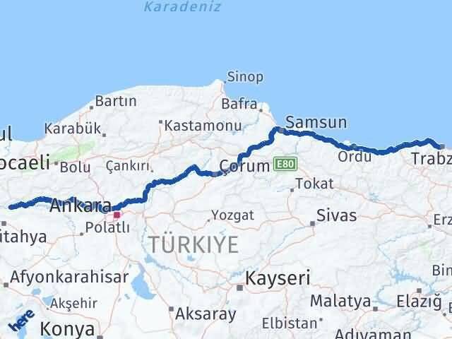 Trabzon Sarıcakaya Eskişehir Arası Kaç Km - Yol Haritası
