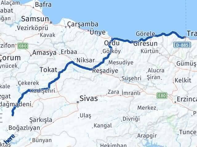 Trabzon Sarıkaya Yozgat Arası Kaç Km - Yol Haritası
