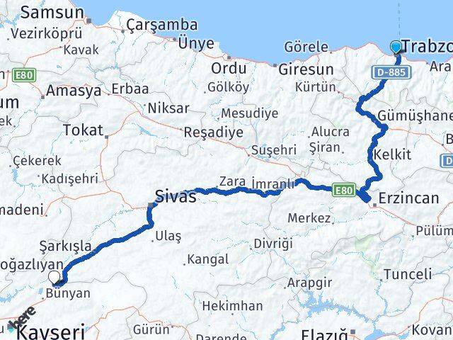 Trabzon Sarıoğlan Kayseri Arası Kaç Km - Yol Haritası