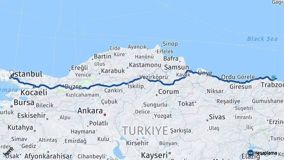 Trabzon Sarıyer İstanbul Arası Kaç Km - Yol Haritası