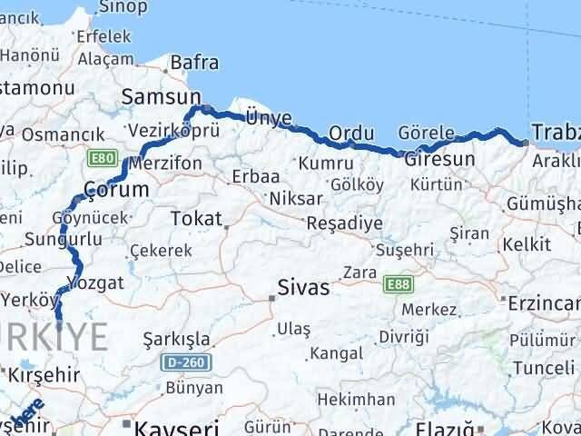 Trabzon Şefaatli Yozgat Arası Kaç Km - Yol Haritası