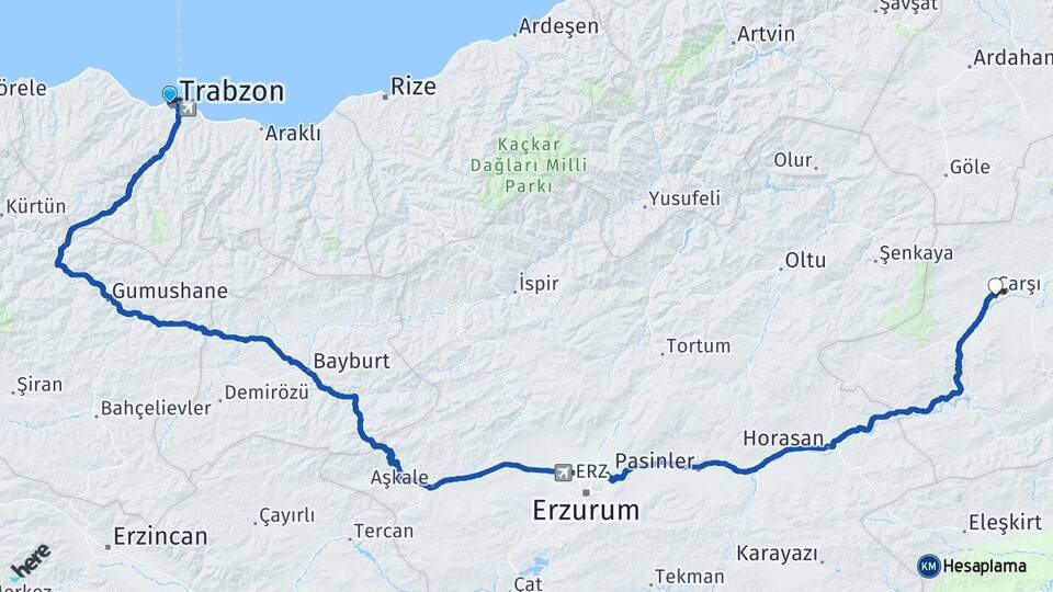 Trabzon Selim Kars Arası Kaç Km - Yol Haritası