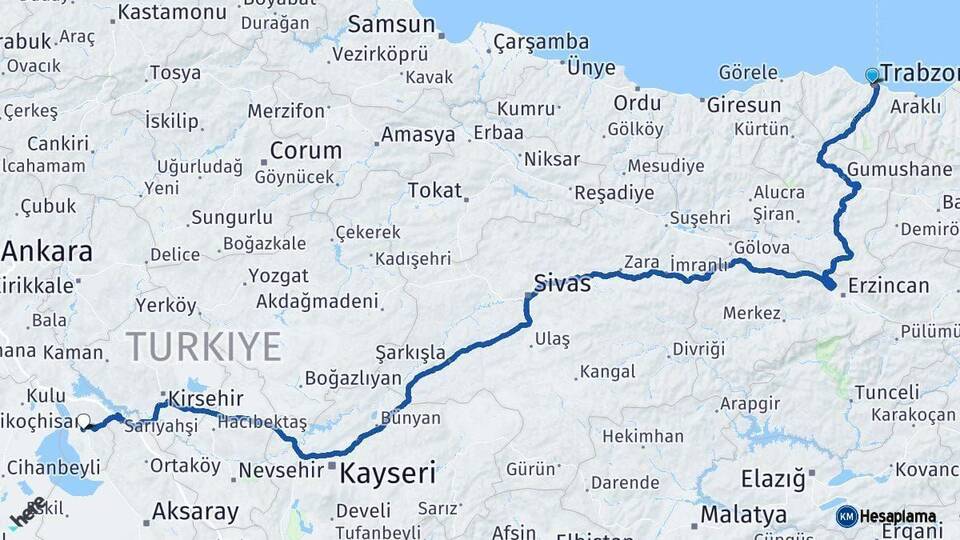Trabzon Şereflikoçhisar Ankara Arası Kaç Km - Yol Haritası