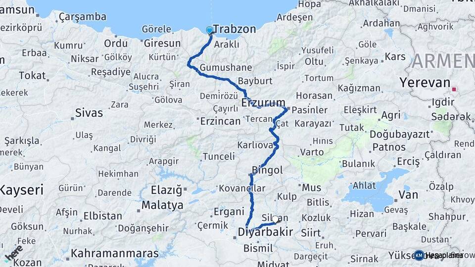 Trabzon Silvan Diyarbakır Arası Kaç Km - Yol Haritası