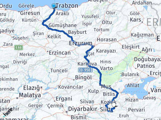 Trabzon Şirvan Siirt Arası Kaç Km - Yol Haritası