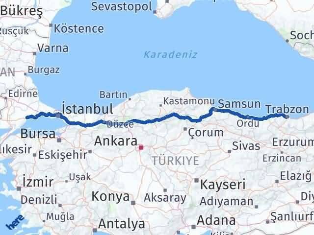 Trabzon Süleymanpaşa Tekirdağ Arası Kaç Km - Yol Haritası