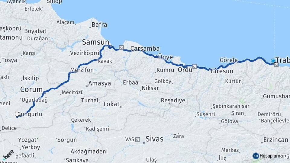 Trabzon Sungurlu Çorum Arası Kaç Km - Yol Haritası