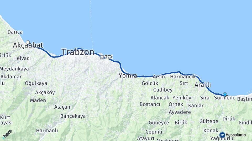 Trabzon Sürmene Akçaabat Arası Kaç Km - Yol Haritası