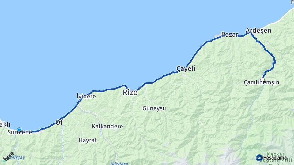 Trabzon Sürmene Çamlıhemşin Rize Arası Kaç Km - Yol Haritası