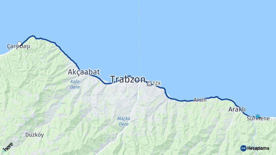 Trabzon Sürmene Çarşıbaşı Arası Kaç Km - Yol Haritası