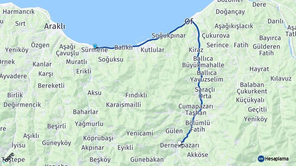 Trabzon Sürmene Dernekpazarı Arası Kaç Km - Yol Haritası