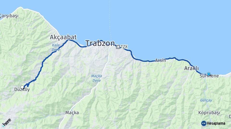 Trabzon Sürmene Düzköy Arası Kaç Km - Yol Haritası
