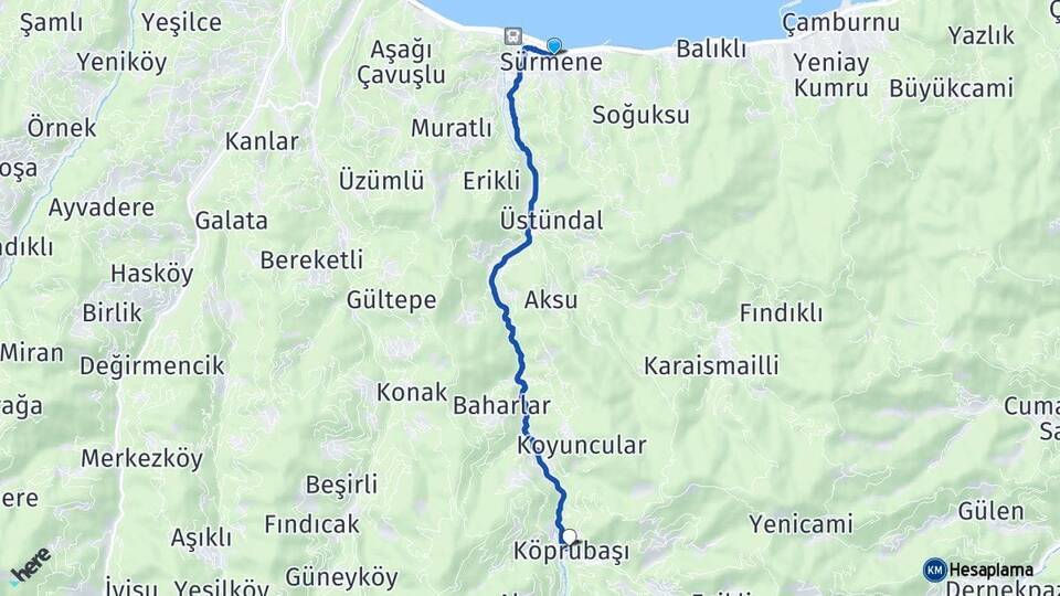 Trabzon Sürmene Köprübaşı Arası Kaç Km - Yol Haritası