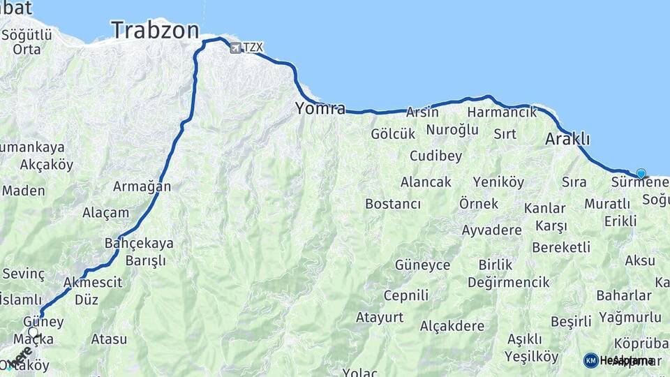 Trabzon Sürmene Maçka Arası Kaç Km - Yol Haritası