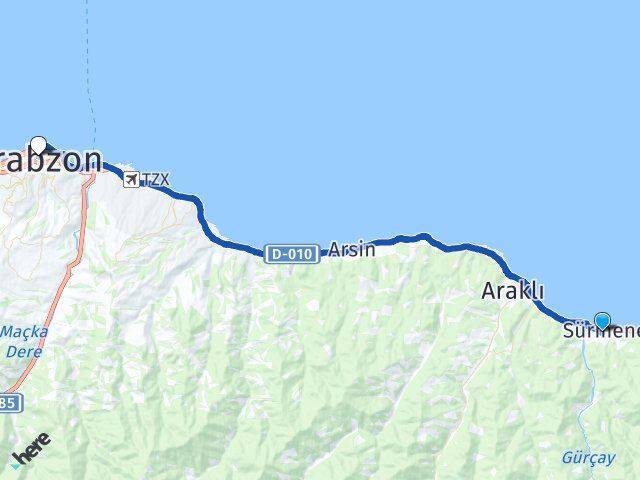 Trabzon Sürmene Ortahisar Arası Kaç Km - Yol Haritası