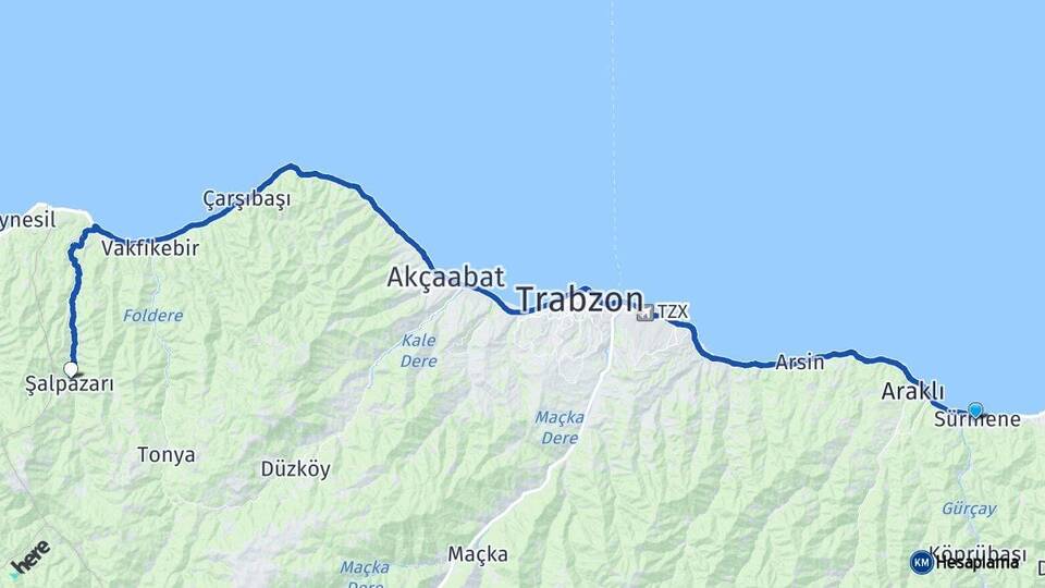 Trabzon Sürmene Şalpazarı Arası Kaç Km - Yol Haritası