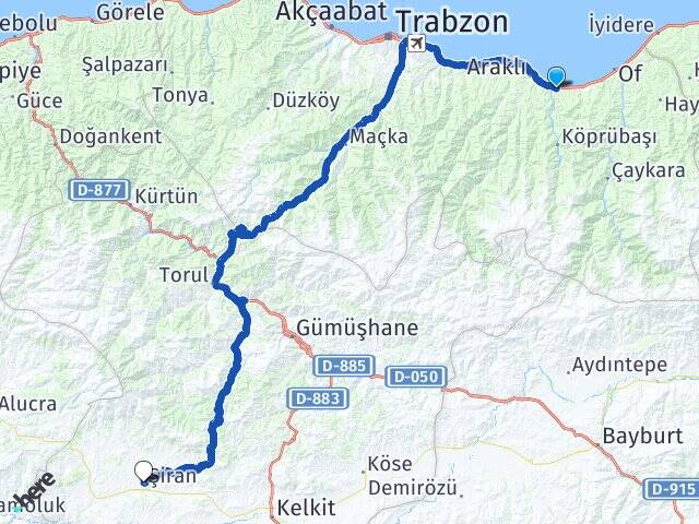Trabzon Sürmene Şiran Gümüşhane Arası Kaç Km - Yol Haritası