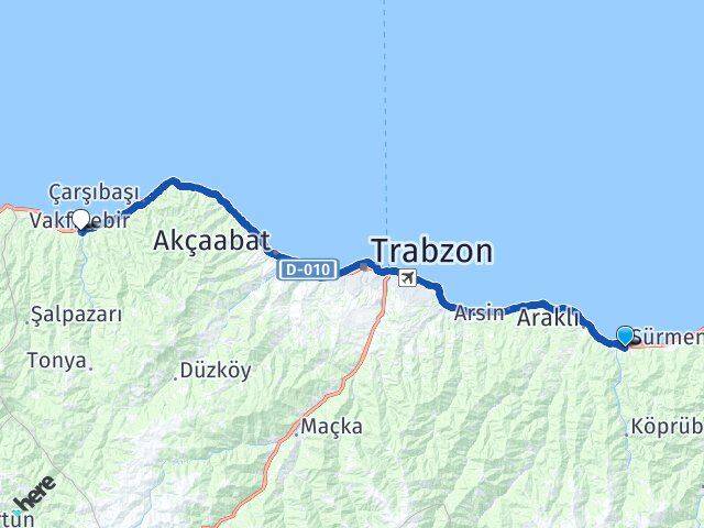 Trabzon Sürmene Vakfıkebir Arası Kaç Km - Yol Haritası