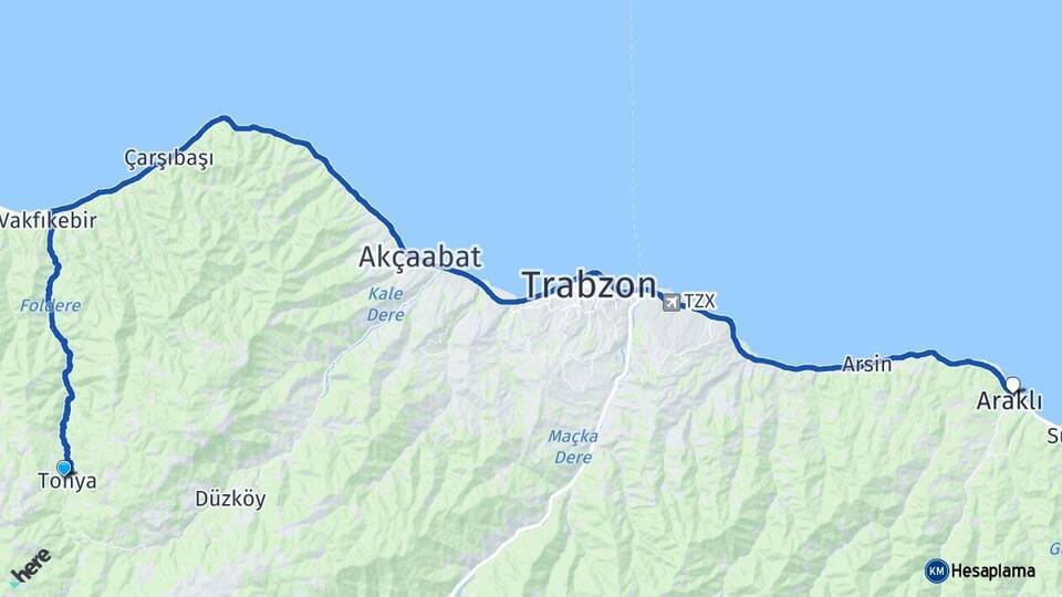 Trabzon Tonya Araklı Arası Kaç Km - Yol Haritası