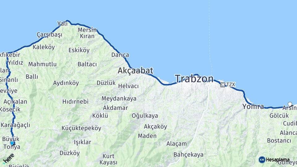 Trabzon Tonya Arsin Arası Kaç Km - Yol Haritası