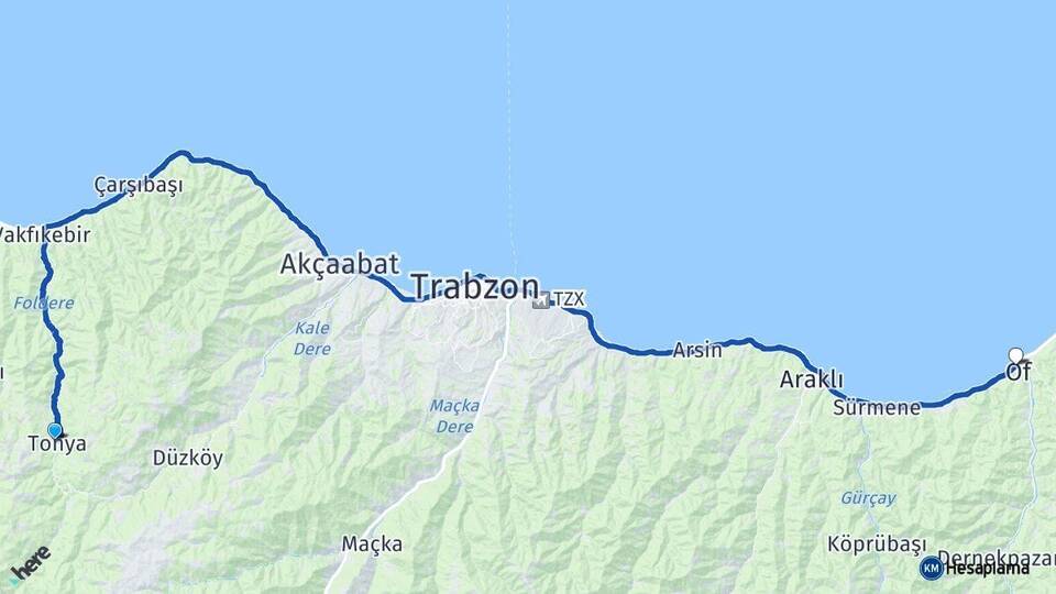 Trabzon Tonya Of Arası Kaç Km - Yol Haritası