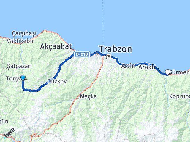 Trabzon Tonya Sürmene Arası Kaç Km - Yol Haritası