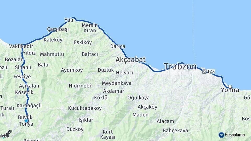 Trabzon Tonya Yomra Arası Kaç Km - Yol Haritası