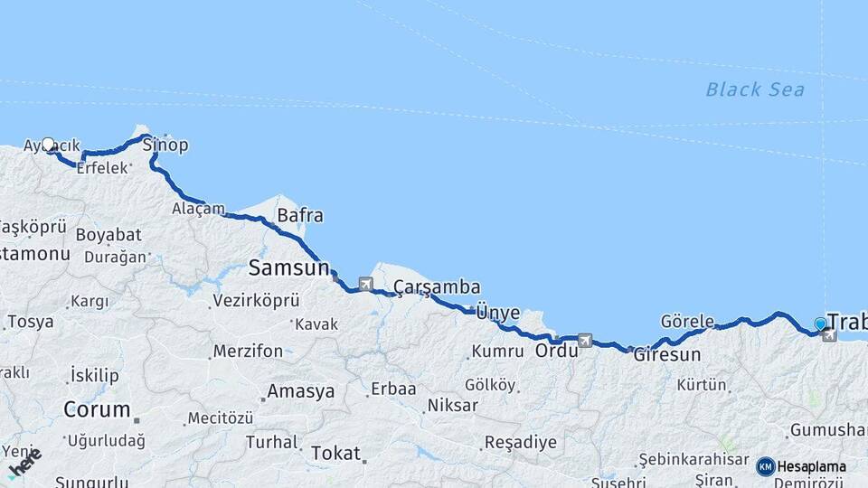 Trabzon Türkeli Sinop Arası Kaç Km - Yol Haritası