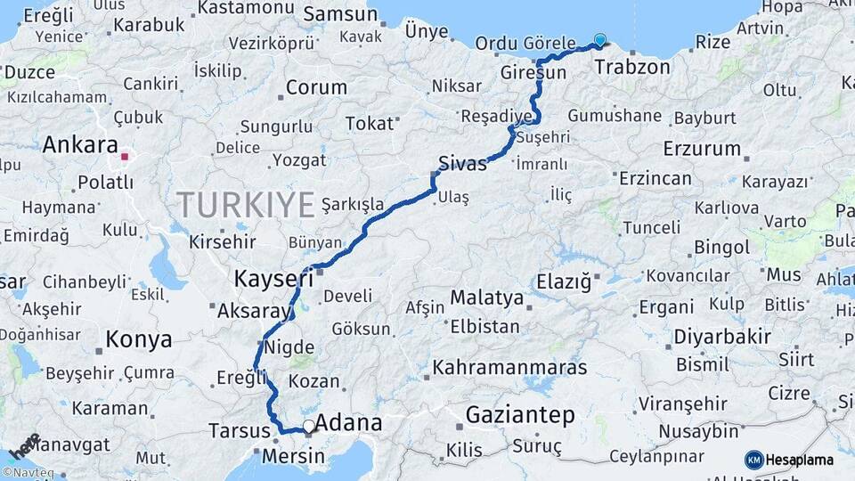 Trabzon Vakfıkebir Adana Arası Kaç Km - Yol Haritası