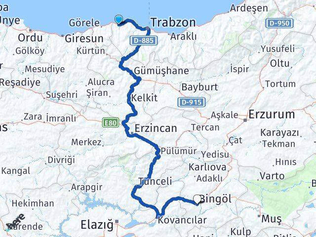 Trabzon Vakfıkebir Bingöl Arası Kaç Km - Yol Haritası