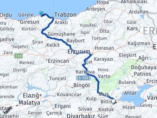 Trabzon Vakfıkebir Bitlis Arası Kaç Km - Yol Haritası