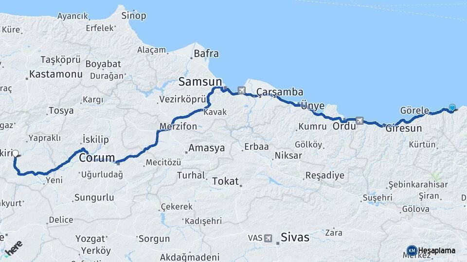 Trabzon Vakfıkebir Çankırı Arası Kaç Km - Yol Haritası